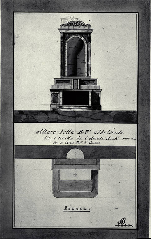 Pianta e prospetto dell'altare della Beata Vergine Addolorata della chiesa della Beata Vergine Immacolata e di S. Zeno a Cassano d'Adda (disegno) di Amati, Carlo (sec. XIX)