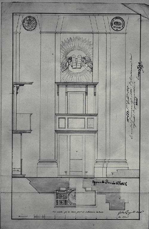 Pianta, prospetto e sezione del pulpito della chiesa di S. Francesco di Paola a Milano (disegno) di Pizzagalli, Felice (sec. XIX)
