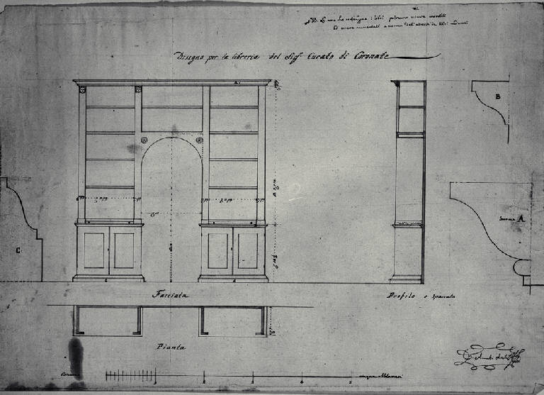 Pianta, prospetto e sezione di una libreria per la casa parrocchiale a Cornate d'Adda (disegno) di Amati, Carlo (sec. XIX)