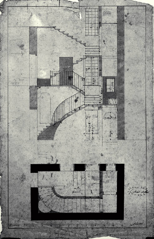 Pianta e sezione di una scala con latrine nei piani intermedi (disegno) di Amati, Carlo (sec. XIX)
