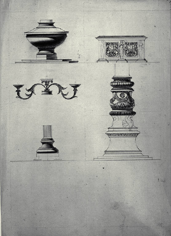 Prospetti di fonte battesimale, lampada, colonna a rilievi e piedistallo (disegno) di Amati, Carlo (sec. XVIII)
