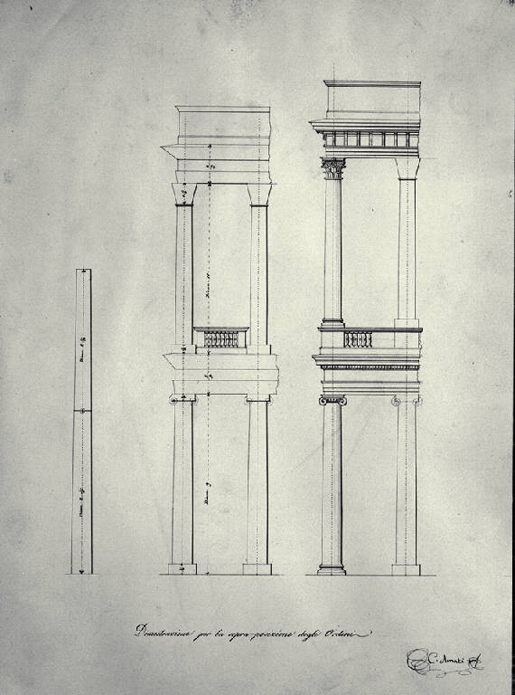 Prospetto e sezione della sovrapposizione degli ordini ionico e corinzio (disegno) di Amati, Carlo (prima metà sec. XIX)