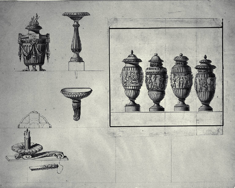 Prospetti di lucerna, acquasantiere e candelabro/ quattro urne cinerarie a rilievi (disegno) di Amati, Carlo (sec. XIX)