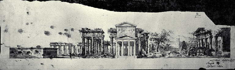 Veduta prospettica con templi e rovine (disegno) di Orsi, Tranquillo (sec. XIX)