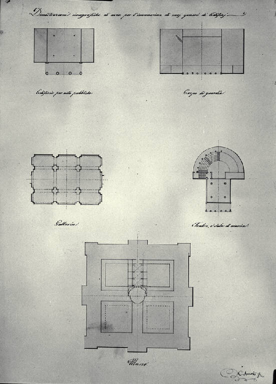 Piante di diverse tipologie di edificio (disegno) di Amati, Carlo (sec. XIX)