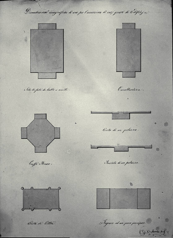 Piante di diverse tipologie di edificio (disegno) di Amati, Carlo (sec. XIX)