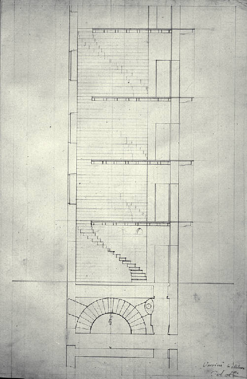 Pianta e sezione di una scala a chiocciola di Casa Varrini a Milano (disegno) di Amati, Carlo (prima metà sec. XIX)