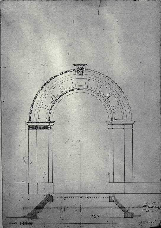 Pianta e prospetto del portone di Palazzo Archinto a Milano (già Contrada dell'Olmetto 1351) (disegno) di Amati, Carlo (sec. XIX)