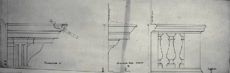 Trabeazione, ornamento delle finestre, poggiolo (disegno) di Amati, Carlo (prima metà sec. XIX)