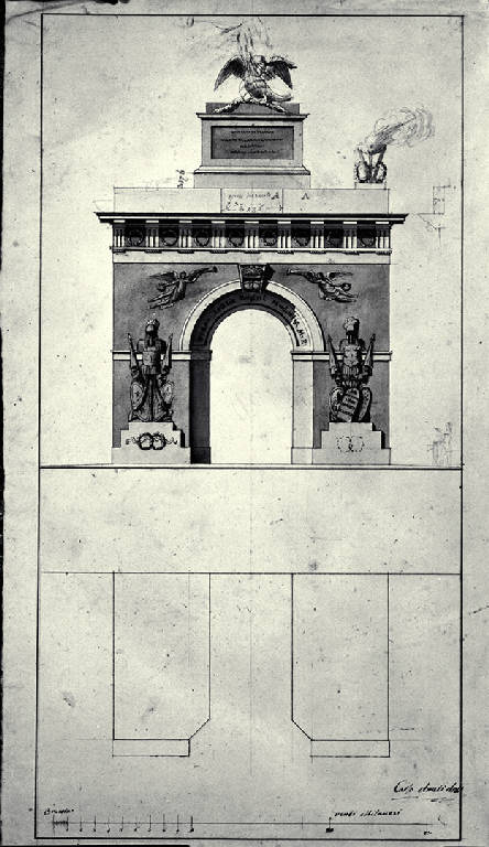 Pianta e prospetto di un arco in onore di Napoleone a Monza (disegno) di Amati, Carlo (sec. XIX)
