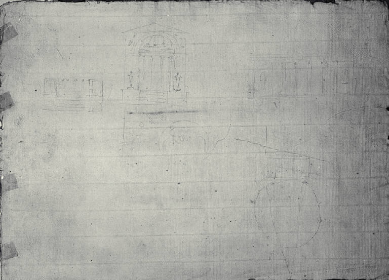 Pianta e prospetto di edifici e prospetto di colonnato (schizzo) di Amati, Carlo (sec. XIX)