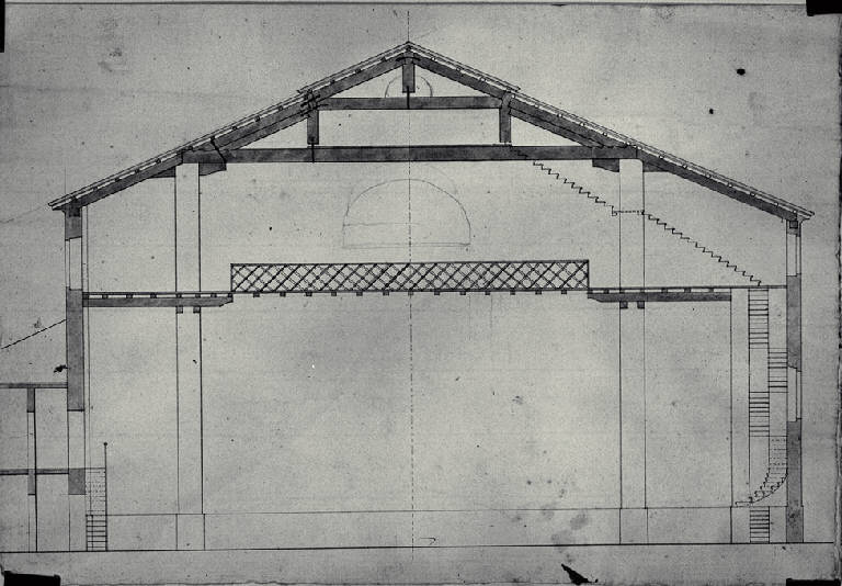 Sezione trasversale del palcoscenico del Teatro di Monza con l'armatura del tetto (disegno) di Amati, Carlo (sec. XIX)