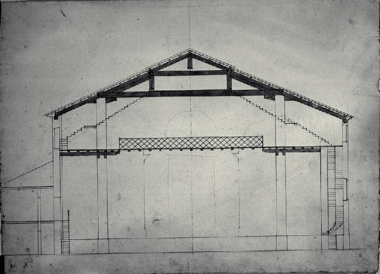 Sezione trasversale del palcoscenico del Teatro di Monza con l'armatura del tetto (disegno) di Amati, Carlo (sec. XIX)