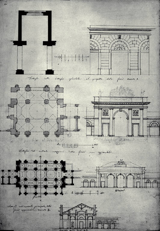 Piante e prospetti parziali di una fiera (disegno) di Amati, Marco (sec. XIX)