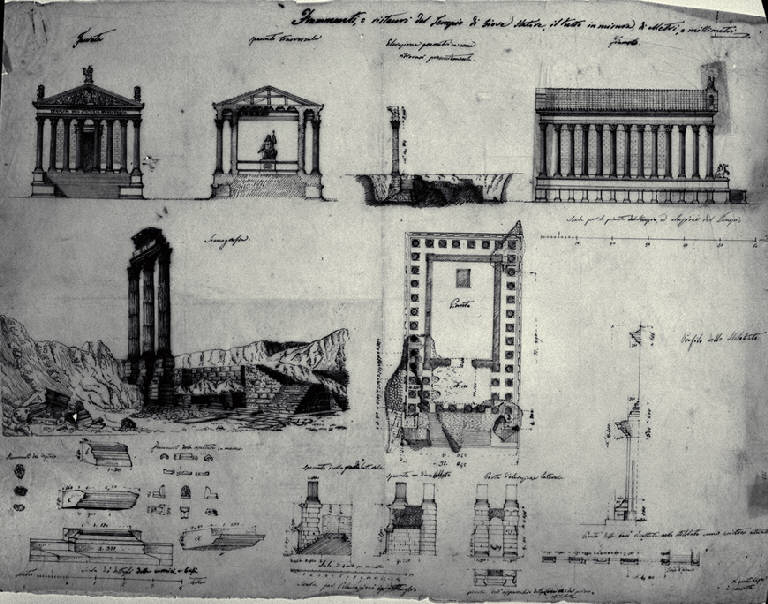 Pianta, prospetti, sezioni del "restauro" del cosiddetto Tempio di Giove Statore a Roma (disegno) di Fossati, Gaspare (sec. XIX)