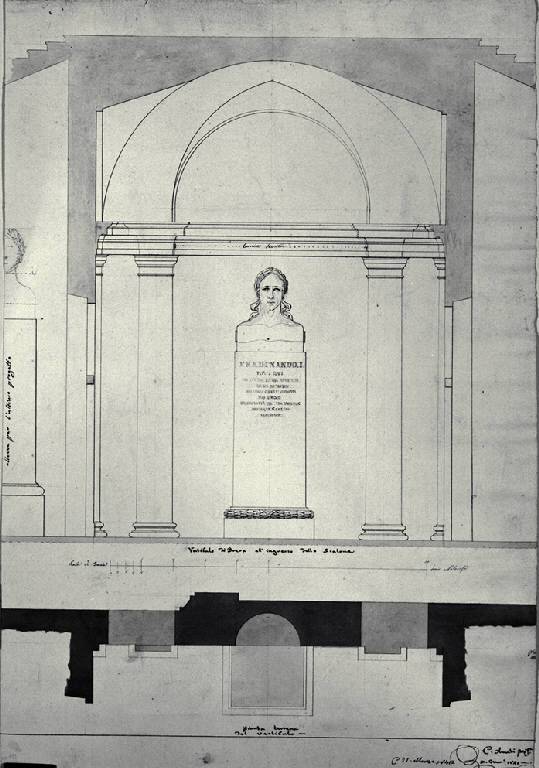 Pianta e prospetto del vestibolo d'ingresso del Palazzo di Brera a Milano con busto in onore di Ferdinando I (disegno) di Amati, Carlo (sec. XIX)