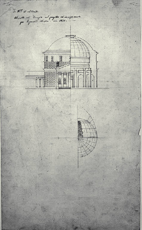 Prospetto e sezione del tempio con cupola di un campo santo con dettagli costruttivi della cupola (disegno) di Amati, Marco (sec. XIX)