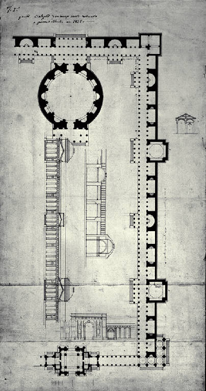 Pianta, sezioni e prospetti di un campo santo con tempio (disegno) di Amati, Marco (sec. XIX)