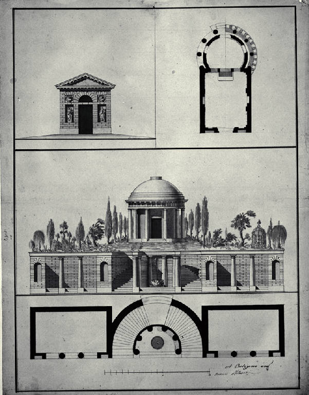 Piante e prospetto di una cappella nel sepolcreto del giardino di Belgioioso (disegno) di Amati, Carlo ((?)) (sec. XVIII)