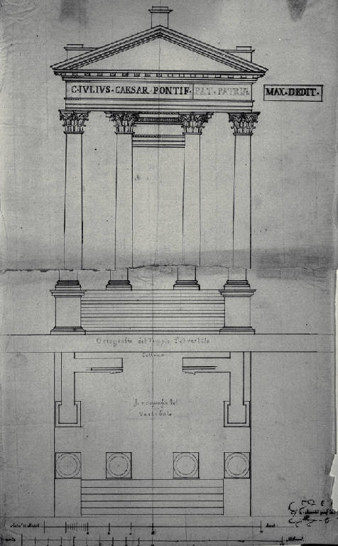 Pianta e prospetto di un tempio tetrastilo (disegno) di Amati, Carlo (prima metà sec. XIX)