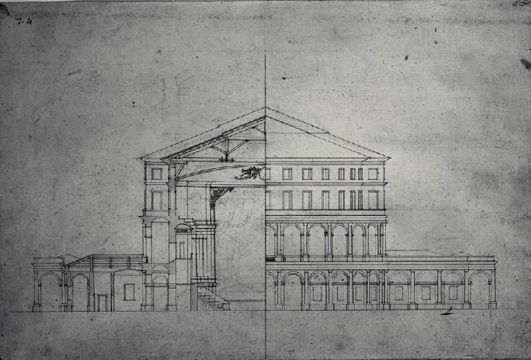 Prospetto e sezione trasversale di un teatro diurno e notturno (disegno) di Amati, Marco (sec. XIX)