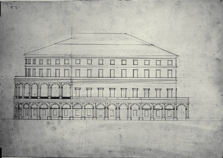 Prospetto laterale di un teatro diurno e notturno (disegno) di Amati, Marco (sec. XIX)