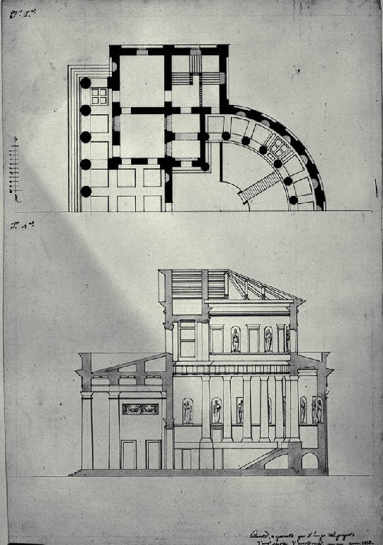 Pianta e sezione di una scuola di anatomia (disegno) di Amati, Marco (sec. XIX)