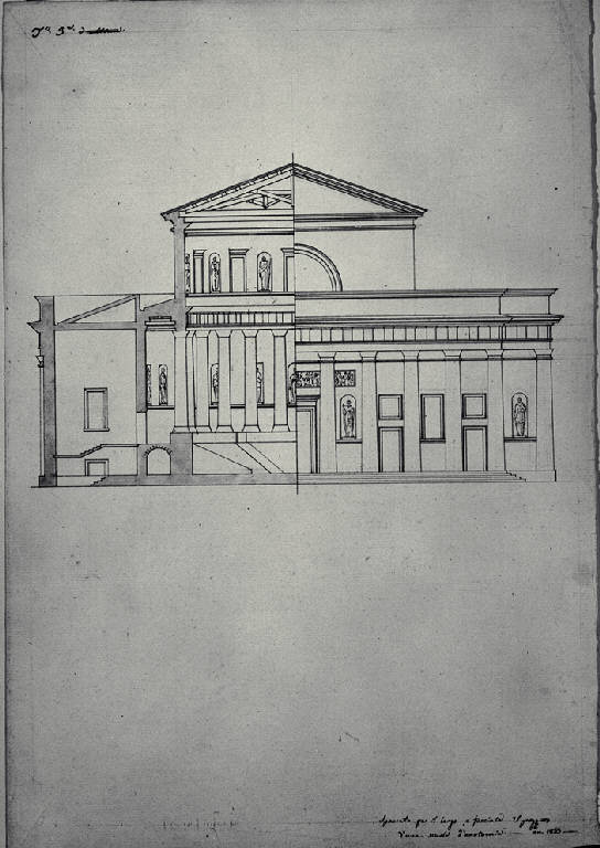 Prospetto e sezione di una scuola di anatomia (disegno) di Amati, Marco (sec. XIX)