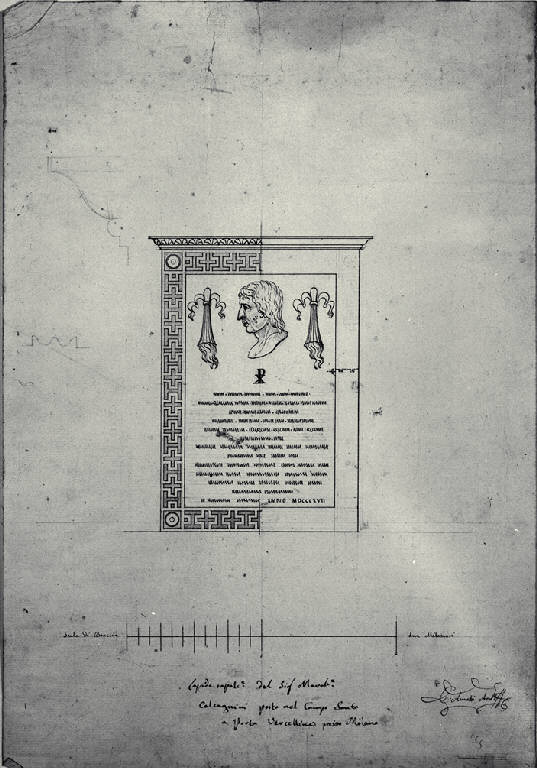 Prospetto della lapide sepolcrale per il marchese Ercole Calcagnini già nel cimitero di Porta Vercellina a Milano (disegno) di Amati, Carlo (sec. XIX)