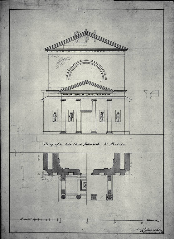 Pianta e prospetto della fronte della chiesa dei SS. Sisinio, Martirio e Alessandro a Brivio (disegno) di Amati, Carlo (sec. XIX)