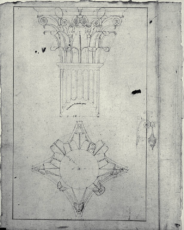 Pianta e prospetto di capitello e parte di colonna di ordine corinzio (disegno) - ambito milanese (sec. XVIII)