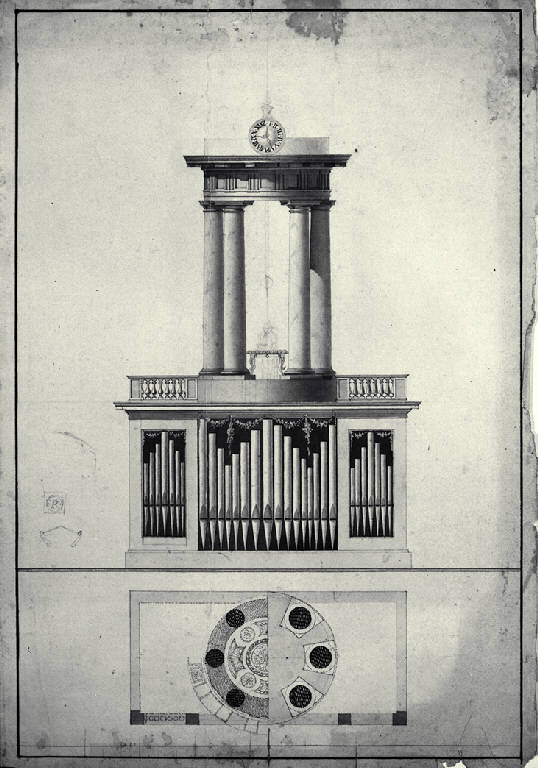Pianta e prospetto di organo (disegno) - ambito milanese (inizio sec. XIX)
