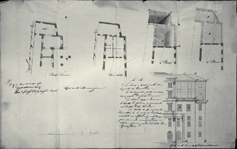 Piante e prospetto parziale dei palazzi laterali alla chiesa di S. Carlo a Milano (disegno) di Amati, Carlo (sec. XIX)