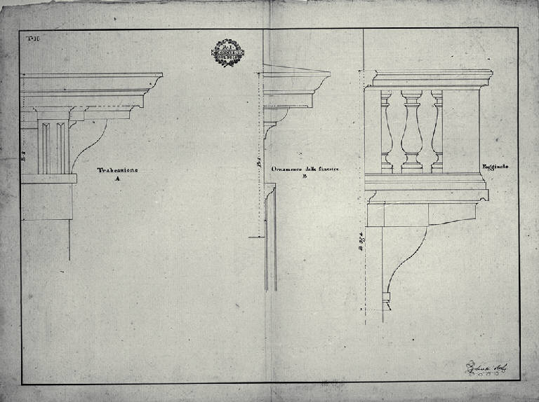 Prospetti di trabeazione, cornice di finestre e poggiolo (disegno) di Amati, Carlo (prima metà sec. XIX)