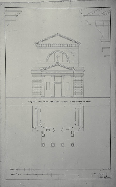 Pianta e prospetto della della fronte della chiesa dei SS. Sisinio, Martirio e Alessandro a Brivio (disegno) di Amati, Carlo (sec. XIX)