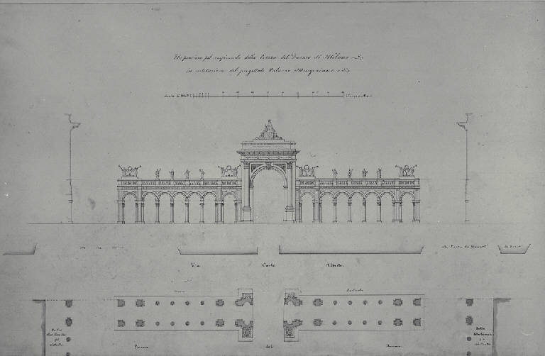 Pianta e prospetto del porticato per il lato occidentale della Piazza del Duomo di Milano (disegno) di Amati, Marco (sec. XIX)