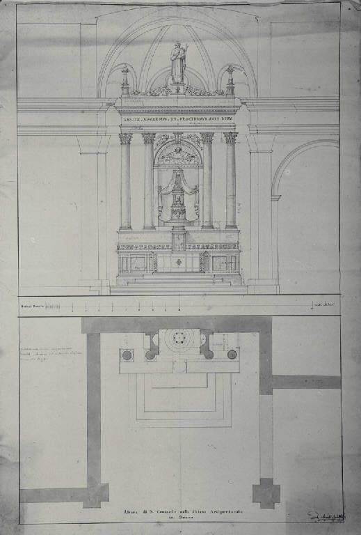 Pianta e prospetto dell'altare di S. Contardo nella chiesa arcipretale a Broni (disegno) di Amati, Carlo (sec. XIX)