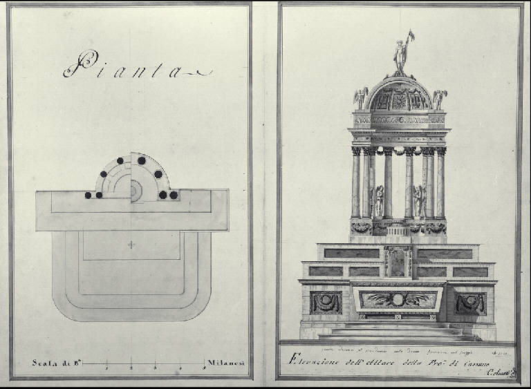 Pianta e prospetto dell'altare maggiore della chiesa della Beata Vergine Immacolata e di S. Zeno a Cassano d'Adda (disegno) di Amati, Carlo (sec. XIX)