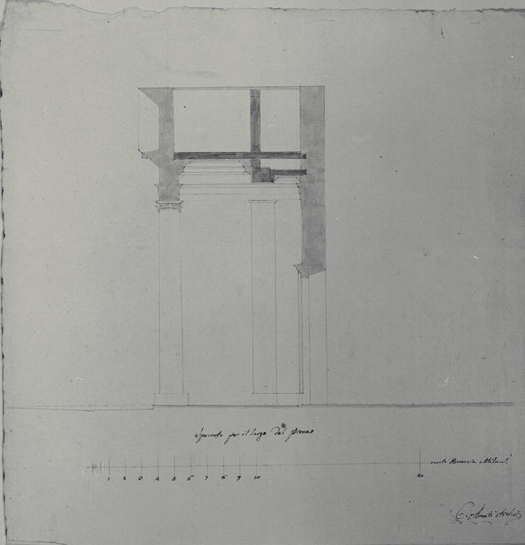Sezione longitudinale del pronao della chiesa dei SS. Sisinio, Martirio e Alessandro a Brivio (disegno) di Amati, Carlo (sec. XIX)