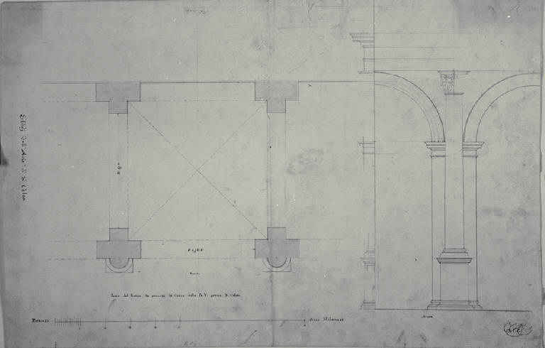 Pianta e prospetto parziali del portico della chiesa di S. Maria presso S. Celso a Milano (disegno) di Amati, Carlo (sec. XIX)