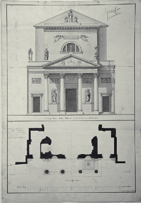 Pianta e prospetto della fronte e della scalinata della chiesa di S. Francesco di Paola a Milano (disegno) di Amati, Carlo (sec. XIX)