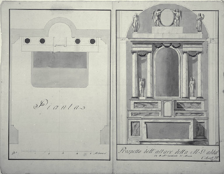 Pianta e prospetto dell'altare dell'Addolorata nella chiesa di S. Maria del Carrobiolo a Monza (disegno) di Amati, Carlo (sec. XIX)