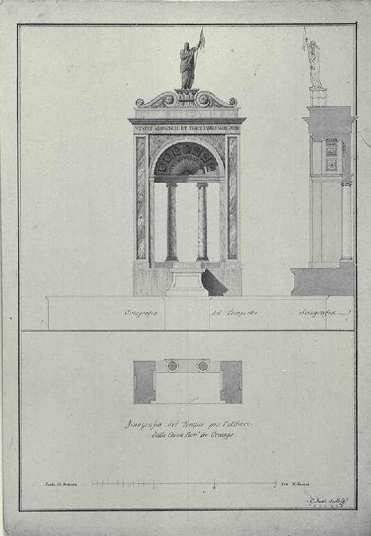 Pianta, prospetto e sezione trasversale di tempietto per l'altare della chiesa di S. Agata a Ornago (disegno) di Amati, Carlo (sec. XIX)