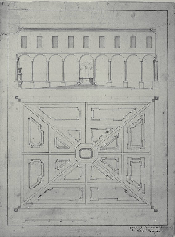 Prospetto verso il cortile del Monastero di S. Paolo d'Argon e pianta del cortile (disegno) - ambito milanese (sec. XVIII)