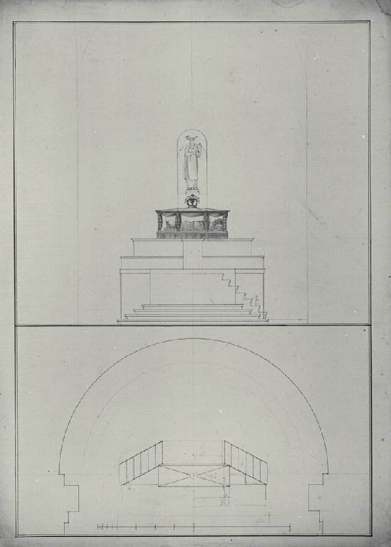 Pianta e prospetto dell'altare di S. Prospero nella chiesa di S. Pietro Martire a Monza (disegno) di Amati, Carlo (sec. XIX)