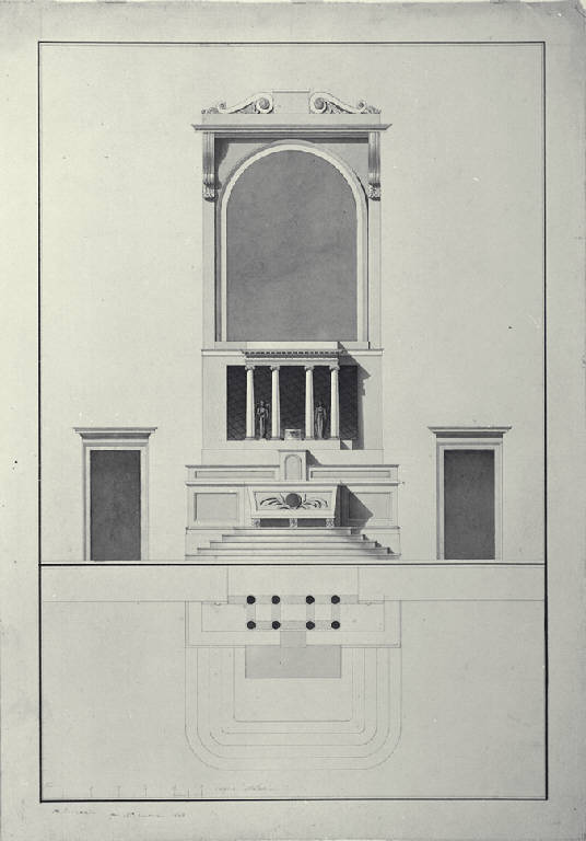 Pianta e prospetto di altare per la chiesa di un monastero a Venezia (disegno) di Amati, Carlo (sec. XIX)