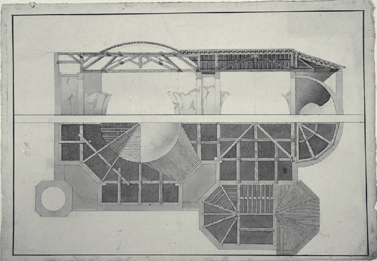 Sezione e proiezione in pianta dell'armatura delle coperture di una chiesa con pronao e torri laterali (disegno) di Amati, Carlo (sec. XVIII)