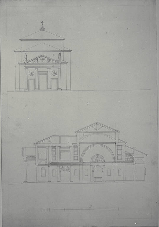 Prospetto e sezione longitudinale della chiesa di S. Bartolomeo a Brugherio (disegno) di Amati, Carlo (sec. XIX)
