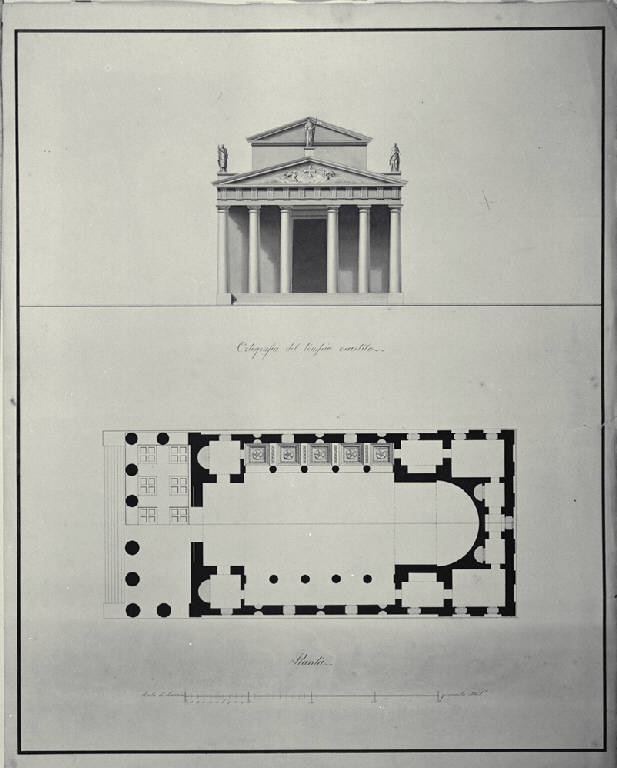 Pianta e prospetto di tempio esastilo (disegno) di Amati, Marco (sec. XIX)