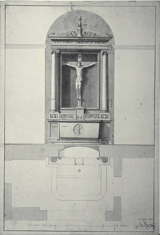 Pianta e prospetto di altare con crocifisso (disegno) di Amati, Carlo (sec. XIX)